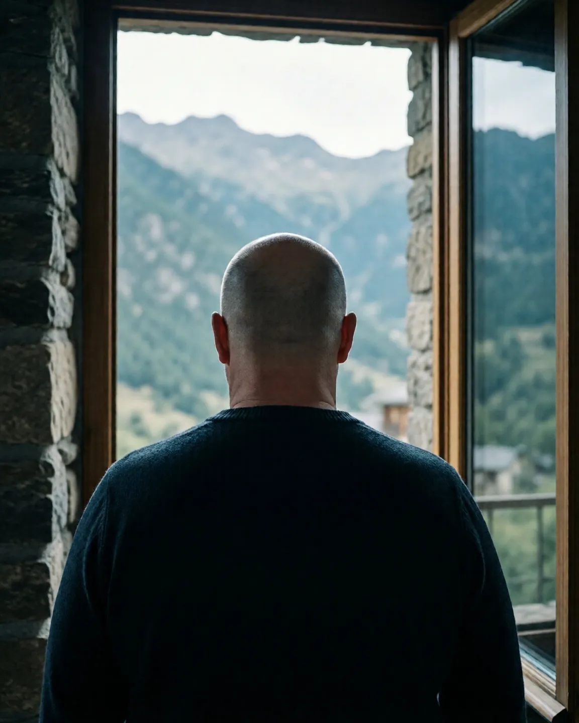 Pep Vergés, de espaldas, mirando las montañas desde el estudio de Marketing de Contenidos