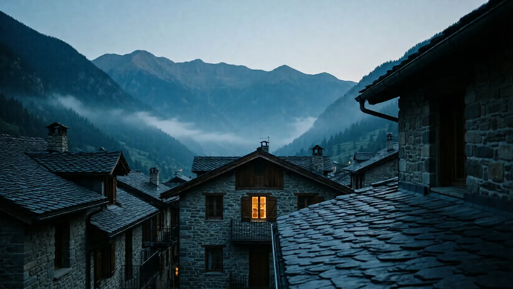 Pueblo de piedra del Pirineo andorrano a la hora azul, con una ventana encendida