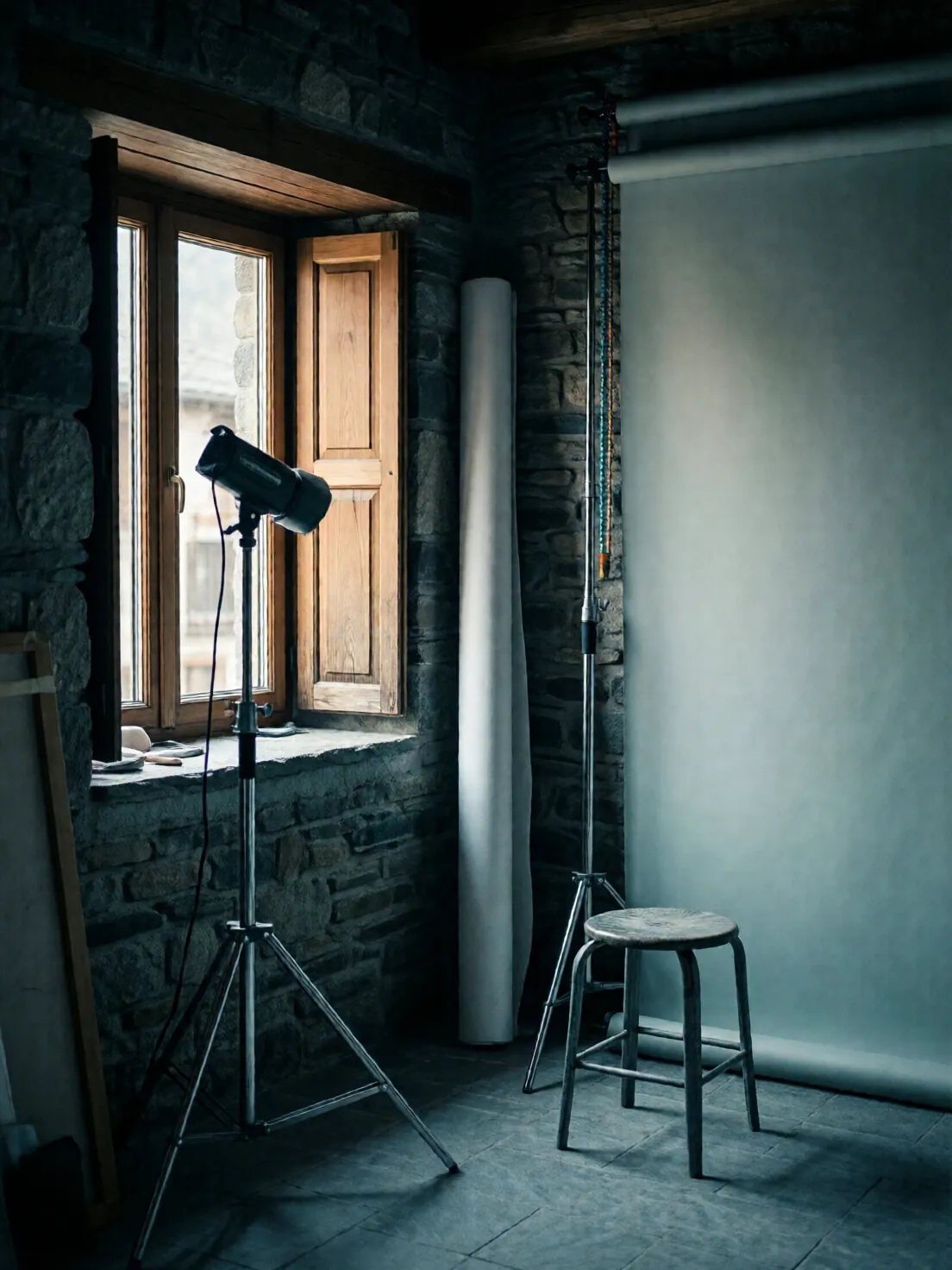 Rincón de estudio fotográfico con fondo de papel y foco