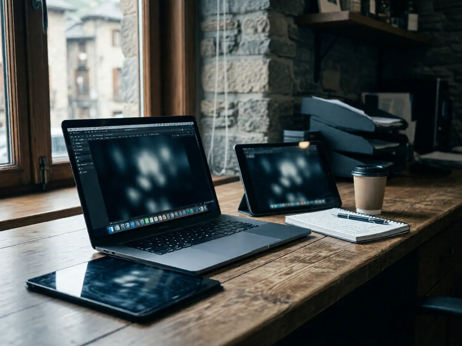 Portátil y tableta en la trastienda de un negocio, con libreta y café