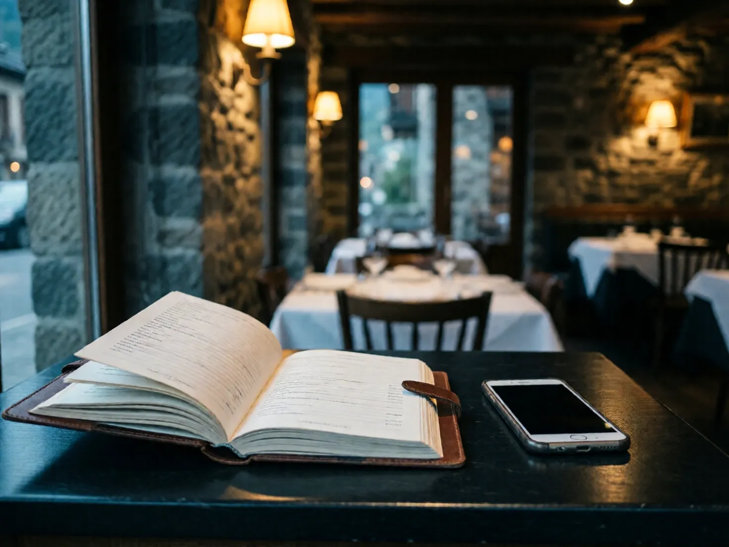 Libro de reservas de un restaurante junto a un móvil, al anochecer