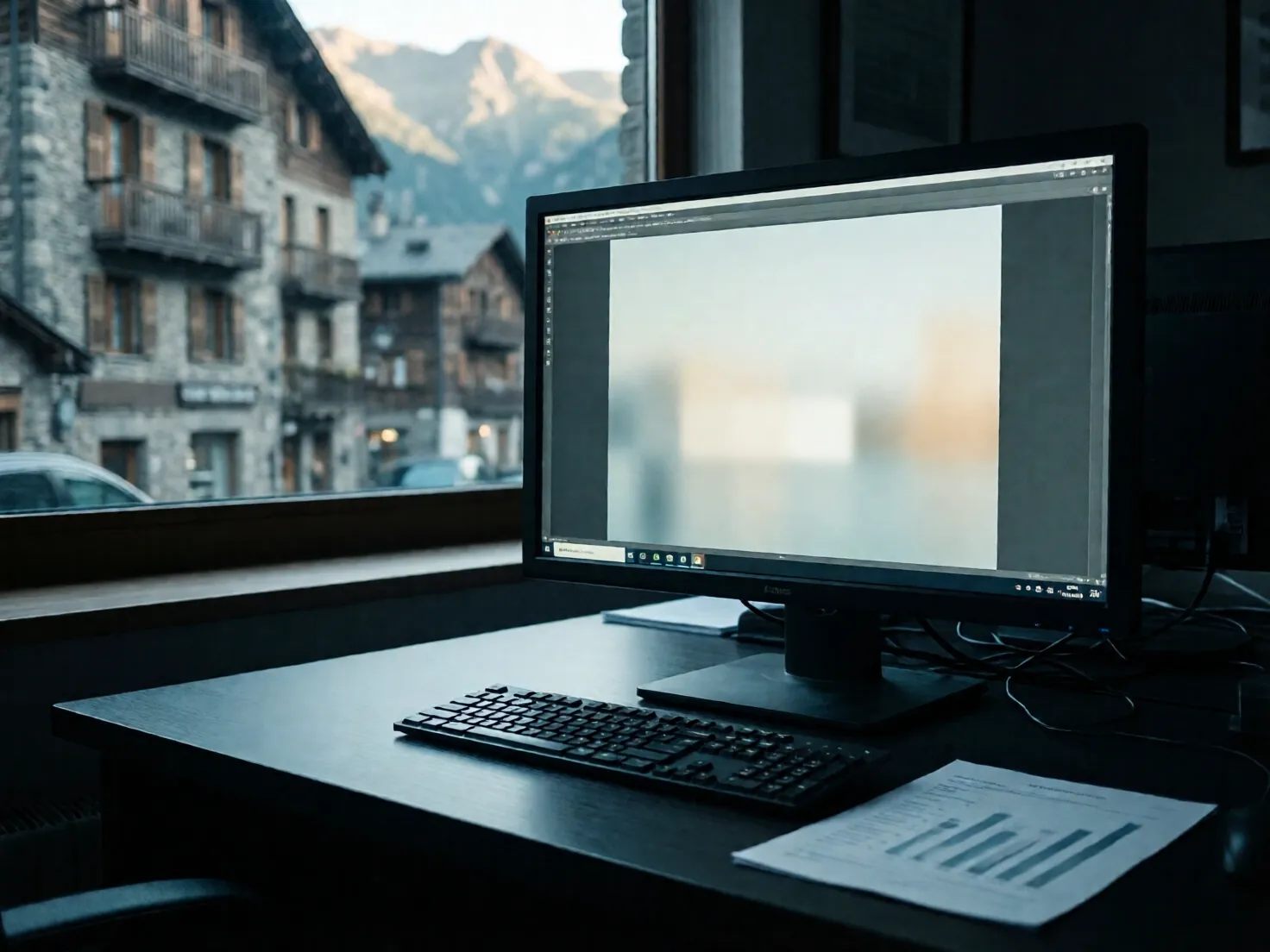 Monitor sobre una mesa de trabajo ordenada, a primera hora de la mañana