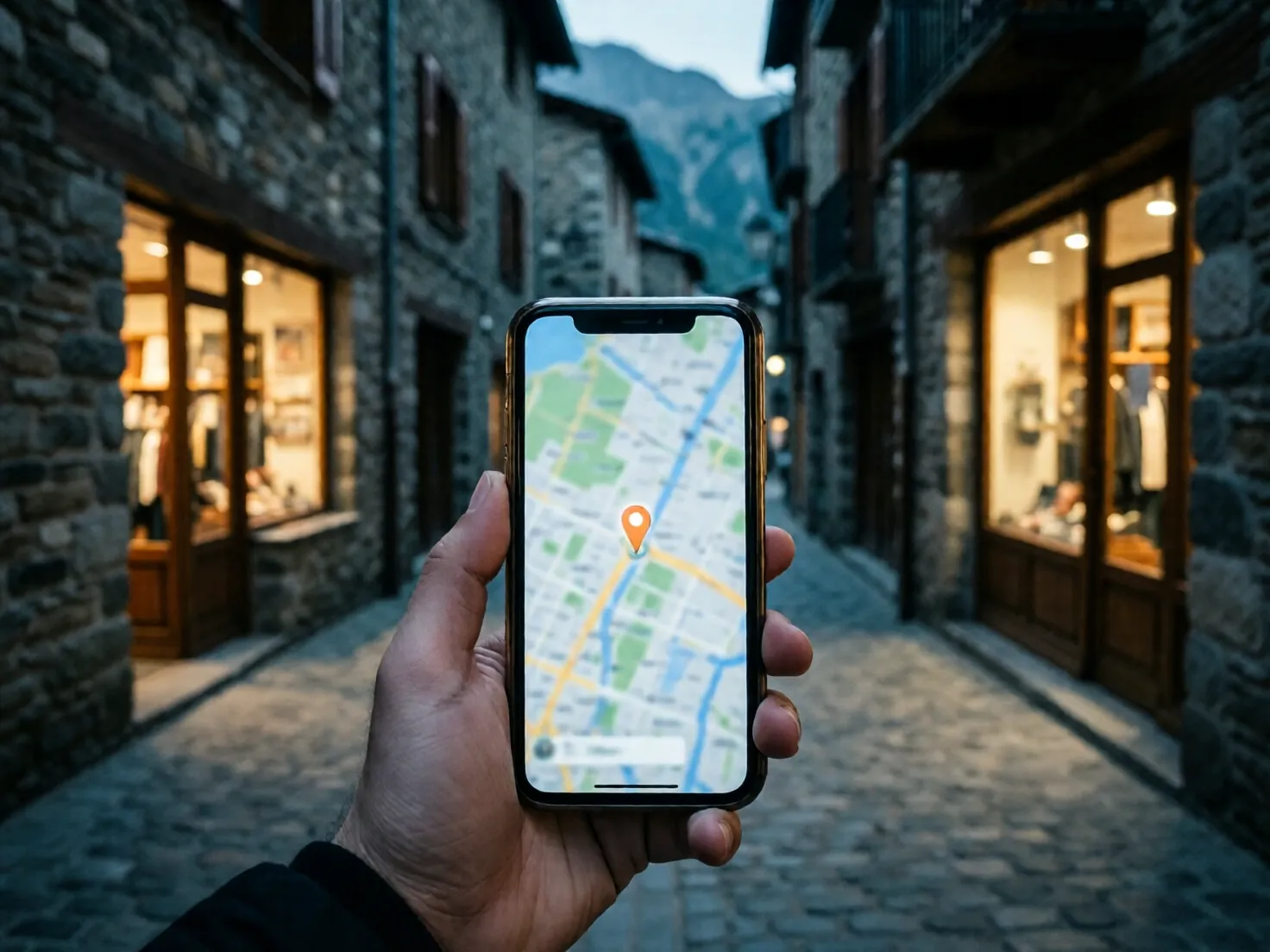 Un móvil con el mapa y un punto de localización en una calle de Andorra