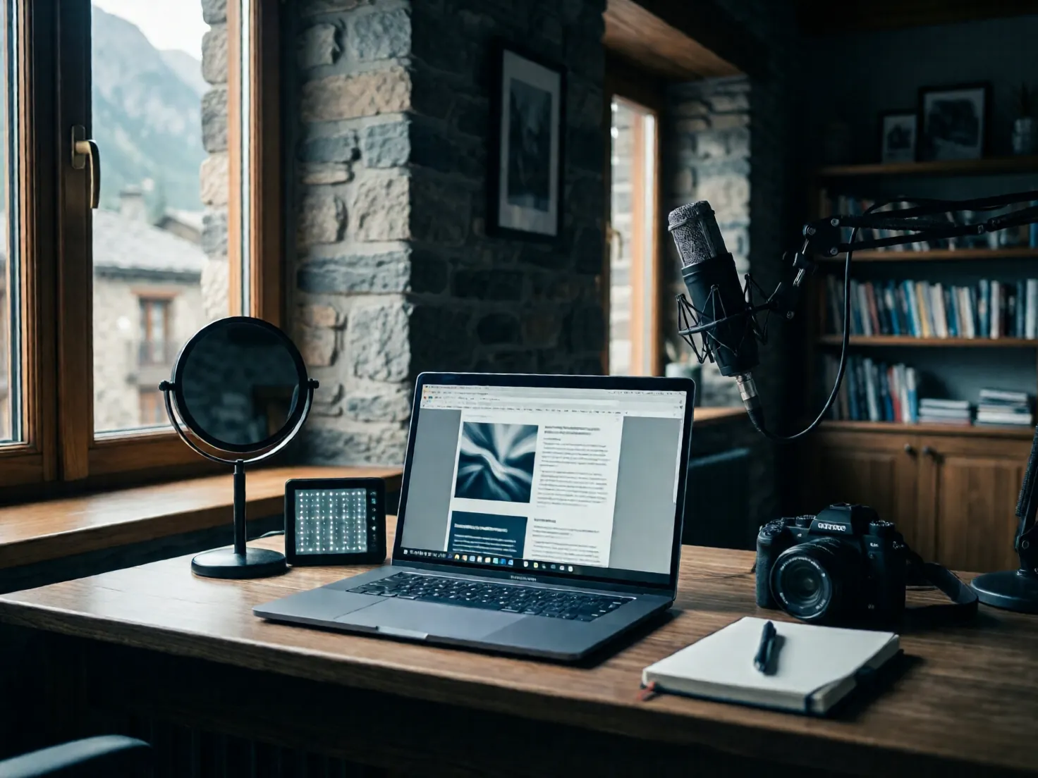 Pequeño estudio de contenidos: portátil, micrófono, cámara y libreta