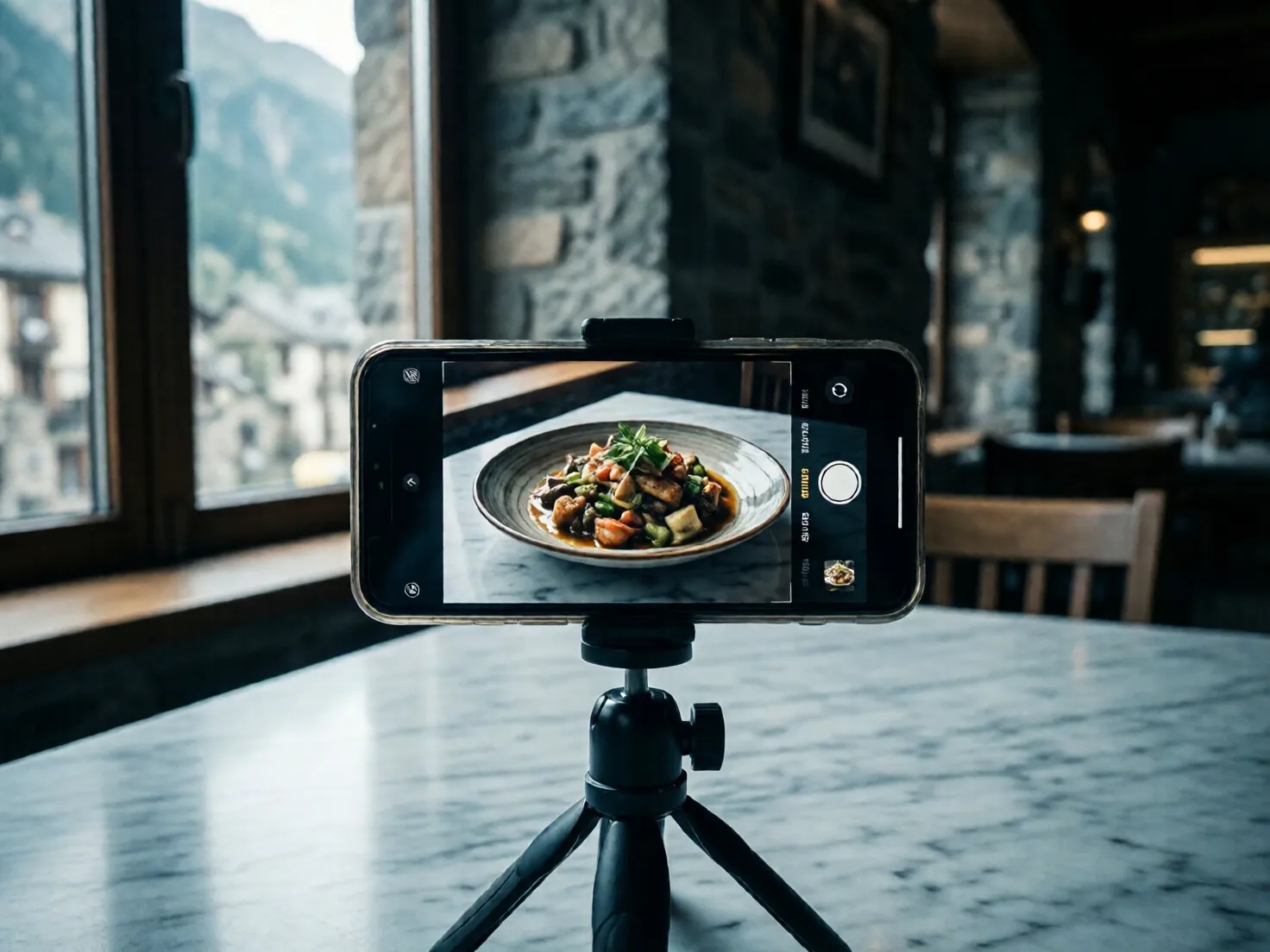 Móvil en trípode grabando un plato en la barra de un restaurante
