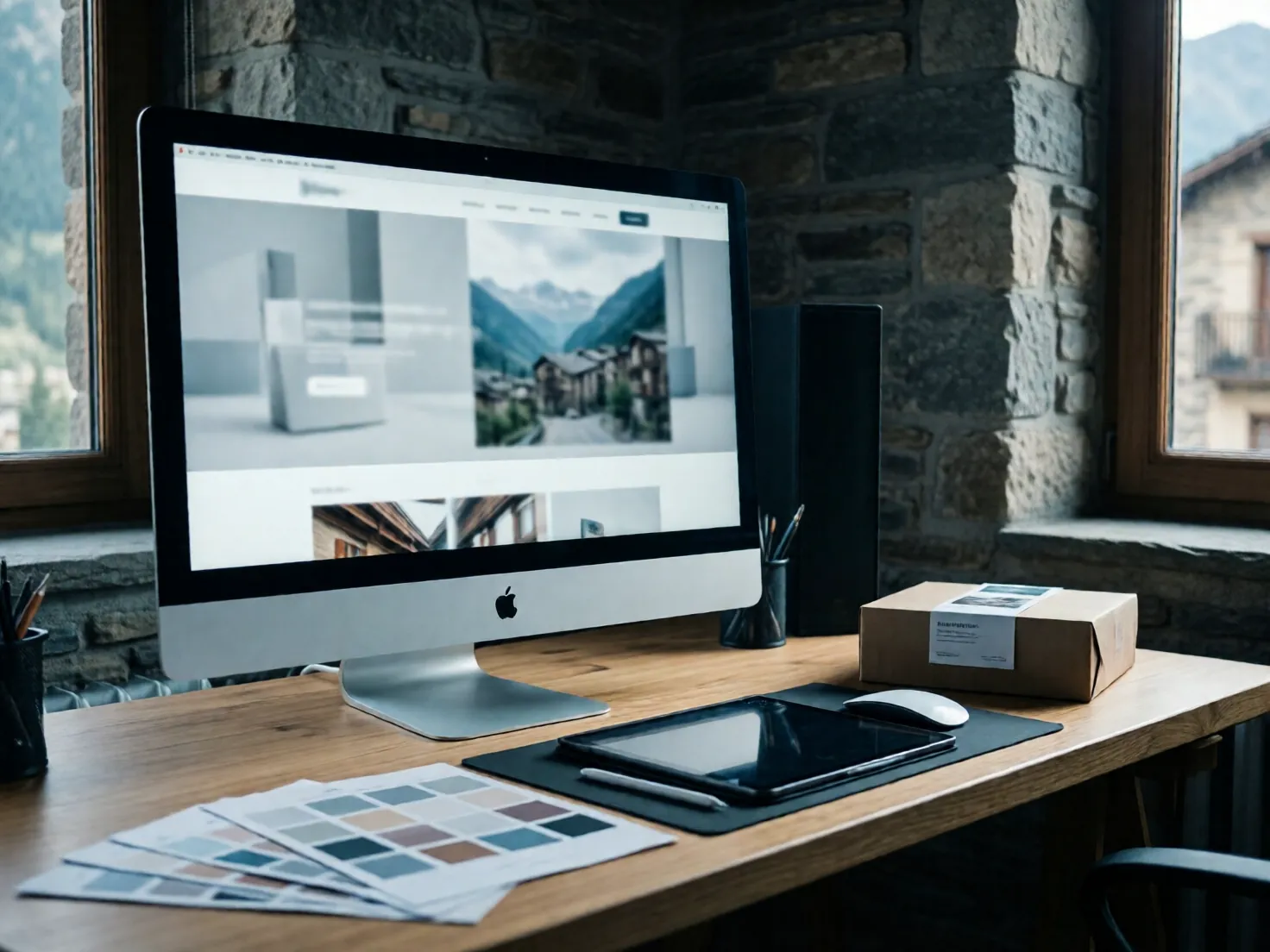 Mesa de diseño web: monitor con una web en construcción, tableta y un paquete de tienda online