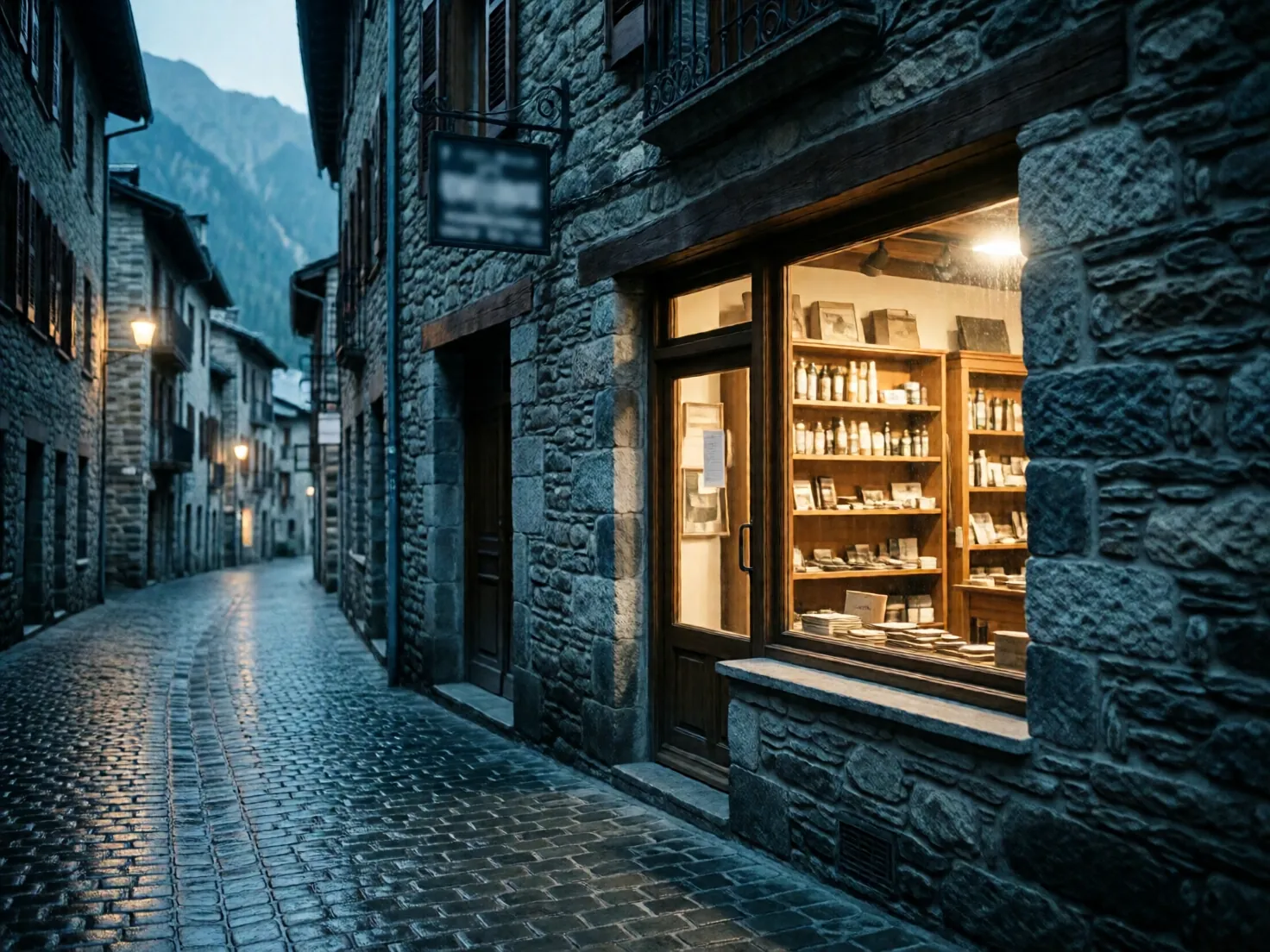Fachada de un pequeño comercio de piedra al anochecer, con luz en el escaparate